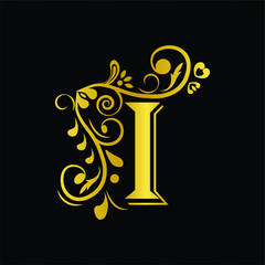 Gold letter I. Vintage golden flower ornament initial letters.  Alphabet. Logo vector 