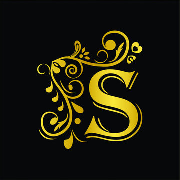 Gold letter S. Vintage golden flower ornament initial letters.  Alphabet. Logo vector 