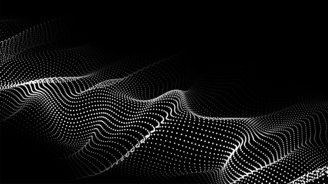 Wave of particles on dark background. Technology backdrop. Pattern for presentations. Vector illustration