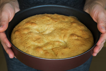 A woman holding a fresh baked pie . Woman putting delicious tart on table. the housewife delivers the apple pie to the table.