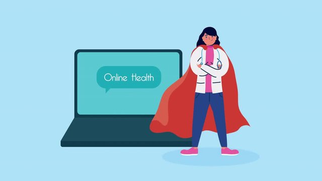 female doctor with hero cloack in laptop telemedicine
