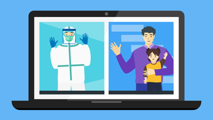 COVID-19 Healthcare Female Doctor Nurse Medical Worker Full Covered Hazmat Suit PPE Video Call Web Conference Teleconference with Remote Virtual Meetings Daughter Kid Husband Family During Break Time