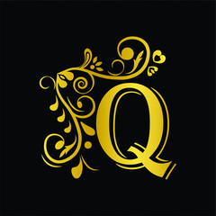 Gold letter Q. Vintage golden flower ornament initial letters.  Alphabet. Logo vector 
