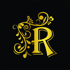 Gold letter R. Vintage golden flower ornament initial letters.  Alphabet. Logo vector 