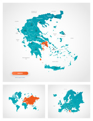 Editable template of map of Greece with marks. Greece  on world map and on Europe map.