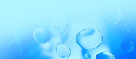 Abstract wide light blue background with water drops, 3d illustration.