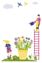 Spring Vector  backgrounds with copy space for text, social media stories wallpapers, banners, posters, templates . Bright posters on spring and planting. People plant and water flowers.