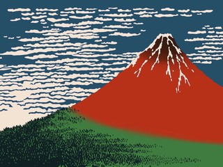Illustration of Fuji mountain in red and colorful color in cloudy sky