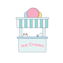 Cute ice cream shop with tasty and sweet sundae, sorbet and topping. Summer refreshing junk street food. Facade vector flat illustration isolated on white background. Mint and pink pastel colors.