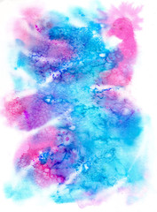 Abstract blue-pink bird. Watercolor background.
