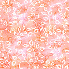 Fototapeta na wymiar White leaves on a watercolor yellow-pink background with splashes, drops. Seamless pattern. Hand-painted texture. Watercolor stock illustration. Design for backgrounds, wallpapers, textile, covers.