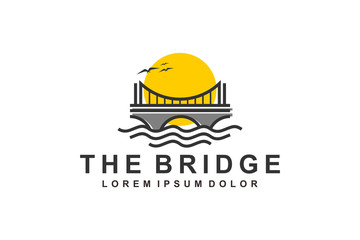 Suspension bridge logo over river with sunset view