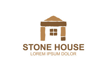 Stone brick house building logo design property real estate icon symbol traditional house.