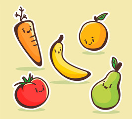 bundle cute fruit and vegetable character illustration