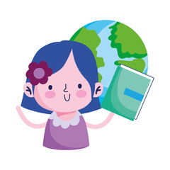 Girl kid with book and world vector design