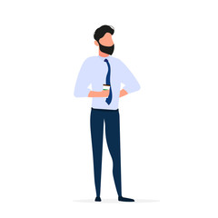Obraz premium Businessman with a cup of coffee. A man in a tie and trousers holds a plastic cup for coffee. Isolated. Vector.