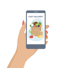Smartphone in hand with package of food. Fast delivery. Flat vector illustration.