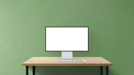 New computer display and office tools on desk. Blank desktop computer screen. Modern creative workspace background. Front view.