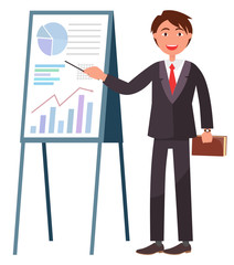 Man presenting new business concept vector, isolated man with case. Person wearing suit and tie pointing on board, charts and analysis of information