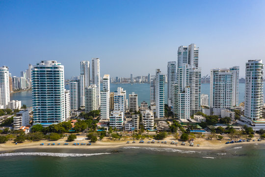 Aerial view of skyscrapers in Cartagena. Close-up drone view of hotels and skyscrapers near South Pointe Beach and coastline. Colombia.