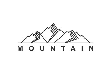 Mountain outdoor logo design line style, peak hills adventure camp landscape icon symbol. - obrazy, fototapety, plakaty