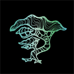 Neon green illustration of a running tree with a spiral ornament. The roots of the feet.