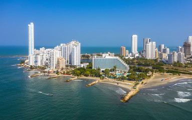 Fototapeta na wymiar Aerial View of the hotels and tall apartment buildings in the modern section of Cartagena, Colombia.