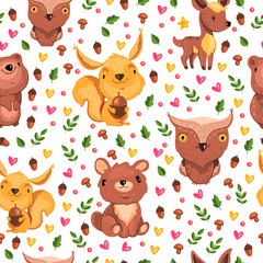 Seamless pattern with cute owl, bear, deer and squirrel with acorn. Forest background for tapestry, linen, apparel, wrapping paper. Funny nursery illustration isolated on white.
