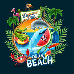 tropical landscape in summer with cartoon characters