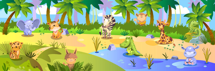 Vector stock jungle background with cute tropical animals: leopard, elephant, tiger, giraffe, zebra, hippo and crocodile. Colorful horizontal landscape with palm trees, sand and lake. © Oleksandra