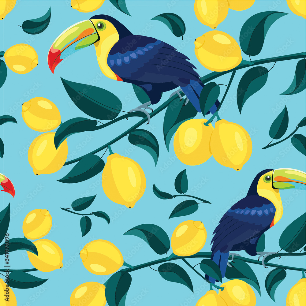 Wall mural Lemon pattern with toucans. Vector seamless texture.