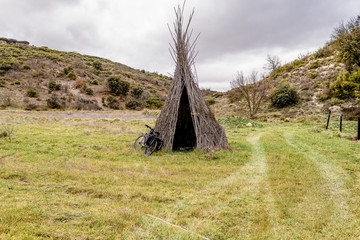 wooden indian hut in the middle of a meadow