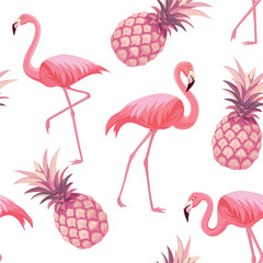 Obraz premium Pattern with flamingos and pineapples. Vector seamless texture.