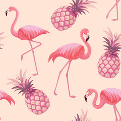 Pattern with flamingos and pineapples. Vector seamless texture.