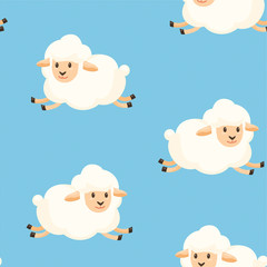 Pattern with sheep on a field. Vector seamless texture.
