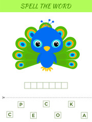 Spelling word scramble game template. Educational activity for preschool years kids and toddlers with cute peacock. Flat vector stock illustration.