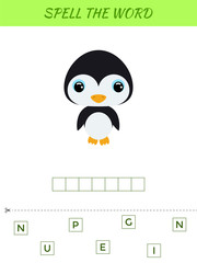 Spelling word scramble game template. Educational activity for preschool years kids and toddlers with cute penguin. Flat vector stock illustration.