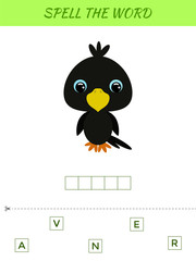 Spelling word scramble game template. Educational activity for preschool years kids and toddlers with cute raven. Flat vector stock illustration.