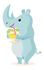 Rhinoceros with a cocktail. Vector illustration isolated on the white background.