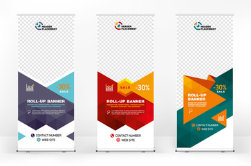 Set of different design options for advertising banners roll-up, modern design for presentations, covers, exhibitions, portable banner for street advertising, banner for conferences and seminars