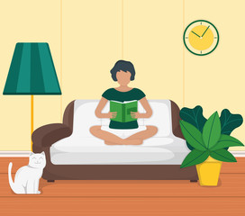Woman character sitting couch and read book, cozy design interior cartoon vector illustration. Cat animal relax in place, potted plant, floor lamp.