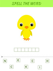 Spelling word scramble game template. Educational activity for preschool years kids and toddlers with cute chicken. Flat vector stock illustration.