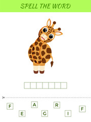 Spelling word scramble game template. Educational activity for preschool years kids and toddlers with cute giraffe. Flat vector stock illustration.