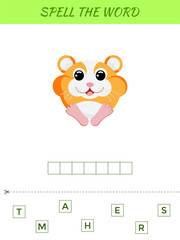 Spelling word scramble game template. Educational activity for preschool years kids and toddlers with cute hamster. Flat vector stock illustration.