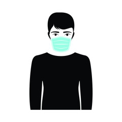 Young man wearing medical mask isolated on white, vector design