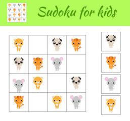 Sudoku game for children with pictures. Kids activity sheet. Educational game for preschool years kids and toddlers. Set of cute cartoon animals. Flat vector stock illustration.