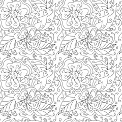 Seamless pattern with Flowers, curved doodles leaves. The Mehndi Design. Monochrome texture , black and white . Vector floral background for fabric and other surfaces