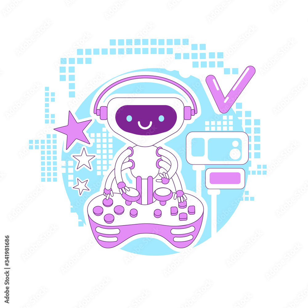 Poster video game bot thin line concept vector illustration. robot playing with console joystick 2d cartoon