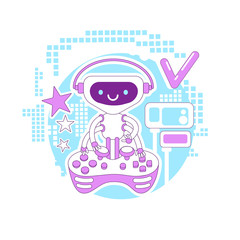 Video game bot thin line concept vector illustration. Robot playing with console joystick 2D cartoon character for web design. Multiplayer option, automated non player creative idea