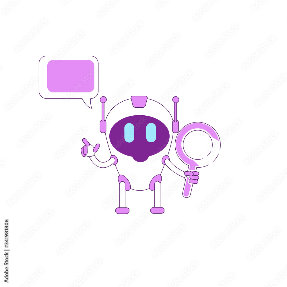 Poster virtual assistant flat color vector character. boy bot with magnifying glass. smart ai. purple human